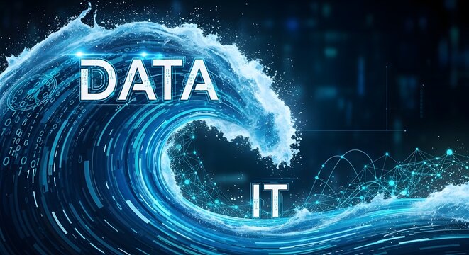Blue digital ocean wave with big data and information technology text concepts