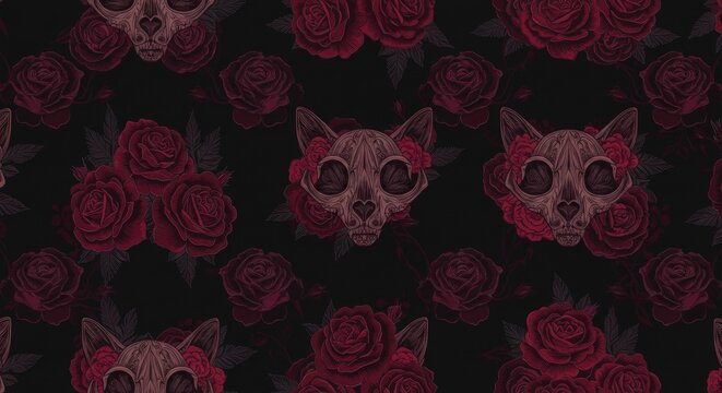 Dark gothic seamless pattern with red roses and skulls.