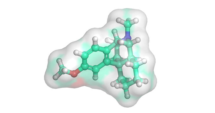 Dextromethorphan, drug/NMDA receptor antagonist and antitussive for cough suppression, 3D molecule 4K