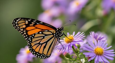 Fototapeta premium Monarch Butterfly Feeding on Purple Aster Flowers in a Sunny Garden Macro Photography