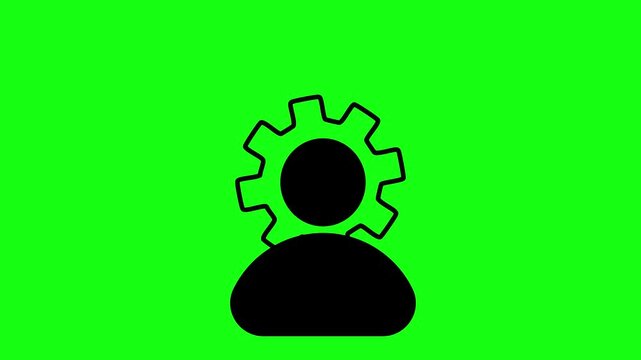 Gear person symbol settings configuration profile avatar silhouette on green screen background for tech business concepts.