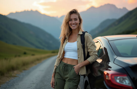 Woman leans on car parked on mountain road at sunset. She wears casual outdoor clothes and backpack, smiling with relaxed confident mood enjoying trip.