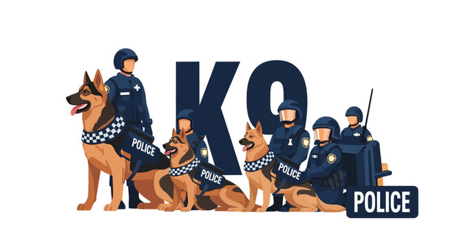 Illustration of K9 Unit with Police Officers and German Shepherds