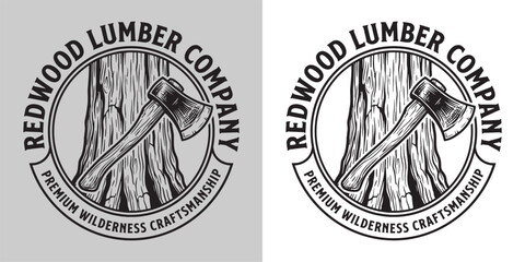 Vintage Redwood Lumber Company Premium Wilderness Craftsmanship Emblem with Woodcutter Axe © Hamdani