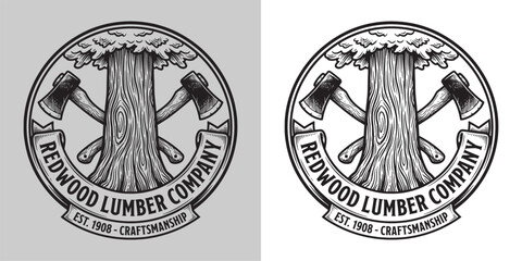 Vintage Redwood Lumber Company Craftsmanship Logo with Crossed Axes and Tall Tree © Hamdani
