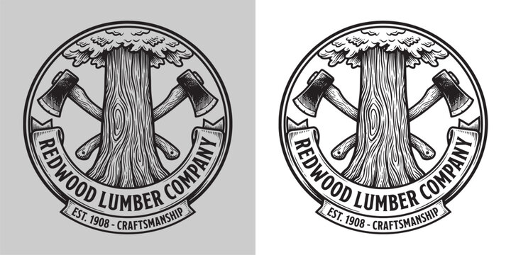 Vintage Redwood Lumber Company Craftsmanship Logo with Crossed Axes and Tall Tree