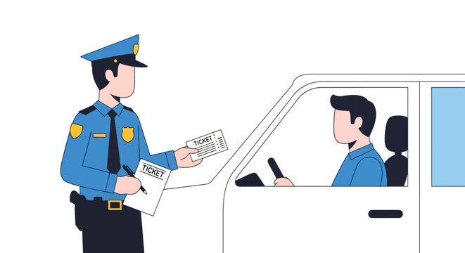 Police officer issuing a traffic ticket to a driver in car illustration