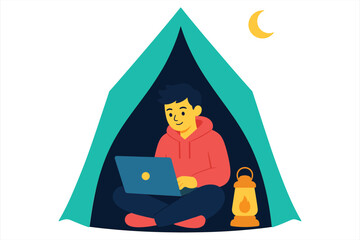 Fototapeta premium Creative flat vector illustration of a modern digital nomad working remotely on a blue laptop computer inside a green camping tent under the night sky next to a glowing lantern.