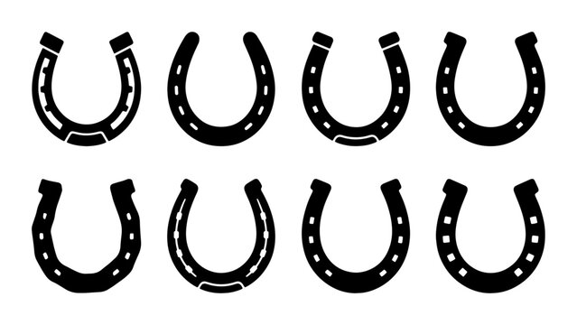 Set of 8 Black Horseshoe Icons, Horse Shoe Vector Graphics, Equestrian Symbol Collection, Luck Charm