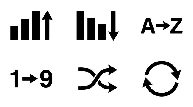 Business Data Icons: Growth, Decline, Alphabetical, Numerical, Shuffle, Repeat Arrows