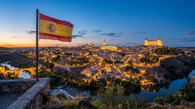 Magical twilight view of Toledo, Spain, showcasing the illuminated historic city skyline, majestic Alcazar fortress, and the winding Tagus River.