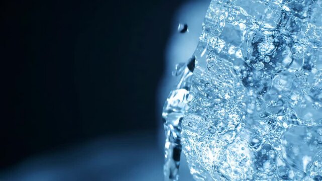 Water dripping onto a block of ice. Frozen crystal surface with melting liquid droplets. Macro detail of liquid flow over textured ice in blue studio lighting