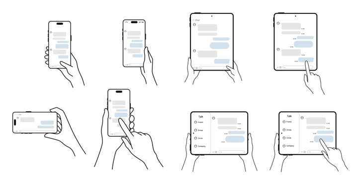Chat app on smartphone and tablet mockup vector line art set