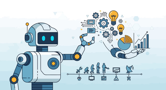 A robot with artificial intelligence shows appreciation on a special day with various technology symbols.