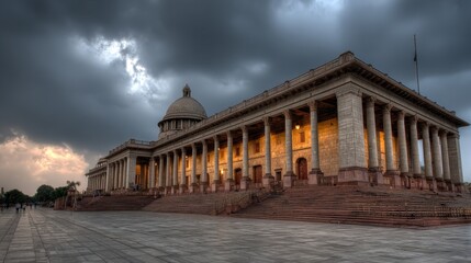 Obraz premium Majestic neoclassical architecture stands beneath a dramatic stormy sky.