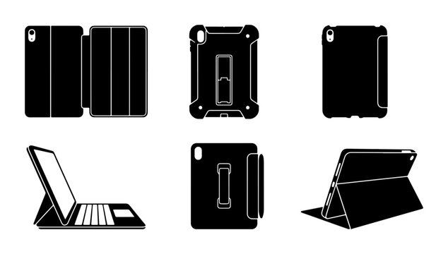 Tablet Case Mockups, Protective Cover Designs, Stand Folio Styles, Black Vector Icons