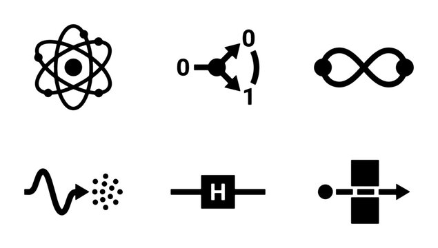 Quantum Computing Icons: Atom, Qubit, Infinity, Wave, Gate, Particle Flow Vector Graphics