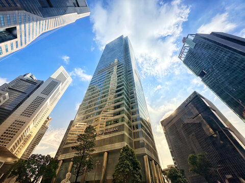 Low angle view of corporate skyscrapers in the central business district of downtown Singapore