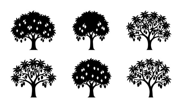 Mango Tree Silhouettes, Tropical Fruit Orchard Icons, Organic Food Vector Graphics, Summer Harvest Collection