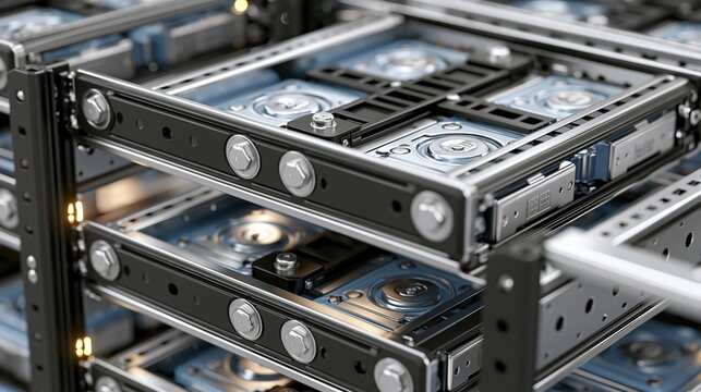Dynamic medium shot capturing a modular battery rack with easily adjustable components highlighting flexible connection systems for scalable battery bank configurations.