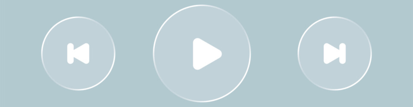 Media player and video control button set with glassmorphism style. Isolated vector illustration of play, pause, stop, and rewind icons for web and mobile app interface design.