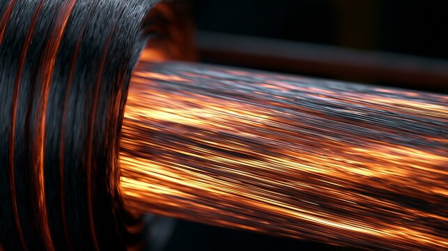 Close medium shot of carbon fiber precursor undergoing carbonization in a continuous furnace line emphasizing controlled temperature gradients and fiber structure changes.