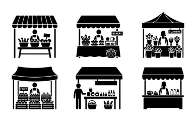 Naklejka premium Market Stall Icons, Vendor Booth Illustrations, Retail Kiosk Graphics, Small Business Stand Vector Set