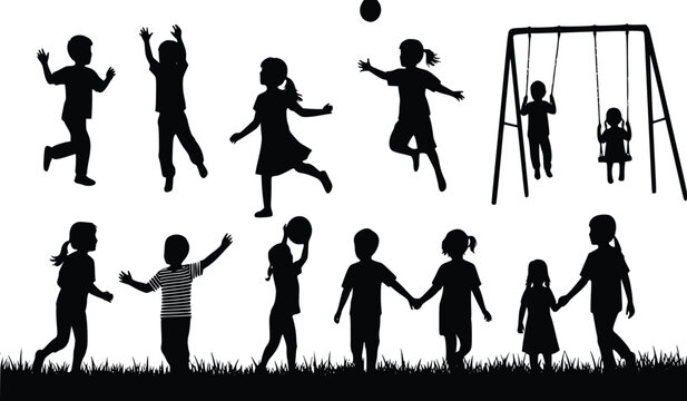 Children Silhouettes Playing Outdoors, Playground Fun, Vector Illustration