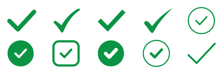 green checkmark sign icon set check mark vector illustration set inside circle. Set of green check mark icons in different styles and shapes. Each symbol indicates approval or confirmation encircled © Hike Studio 2