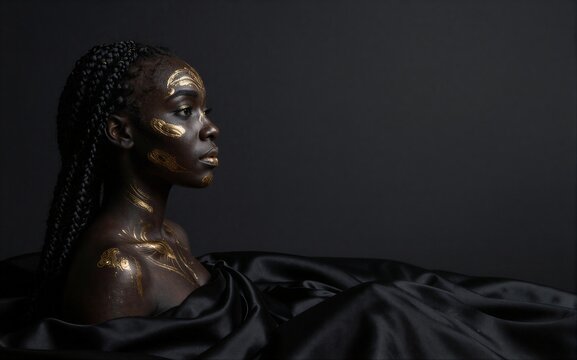 A woman with gold face paint and braids reclines on black satin