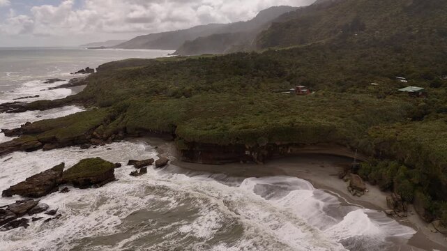 Panoramic drone view of the coastal area near the Truman track on the West coast of New Zealands South island.