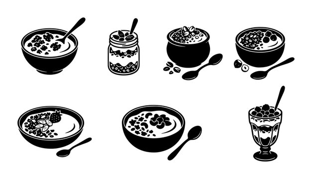 Yogurt Berry Parfait Bowls, Jars, Vector Icons Set, Healthy Breakfast Food Illustrations