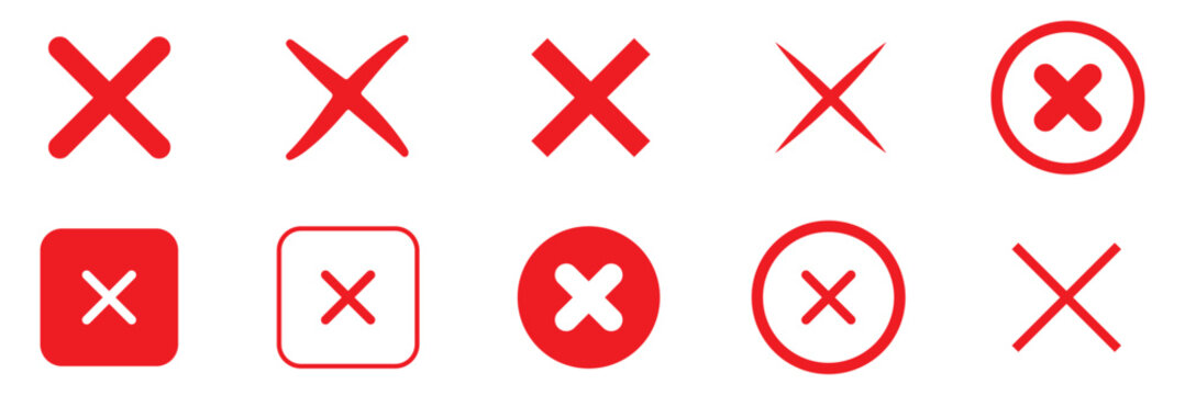 red x mark cross icon set hand drawn brush stroke grunge bold rejection error cancel symbol vector design. Red cross mark and black prohibited stop sign icons set vector illustration. red crosses