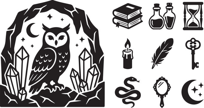 Mystic owl with crystals and magic symbols