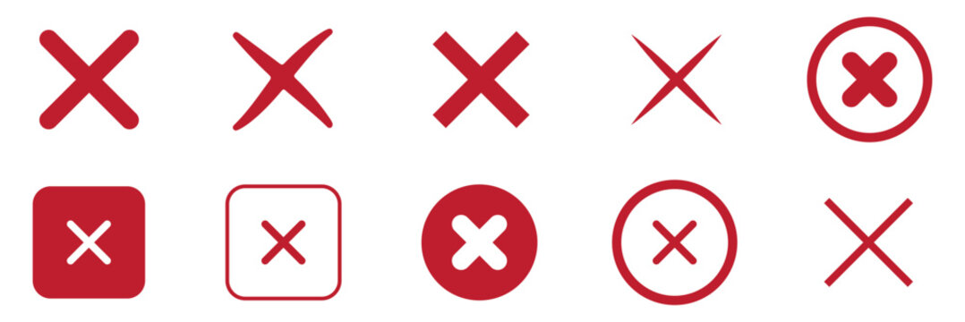 red x mark cross icon set hand drawn brush stroke grunge bold rejection error cancel symbol vector design. Red cross mark and black prohibited stop sign icons set vector illustration. red crosses