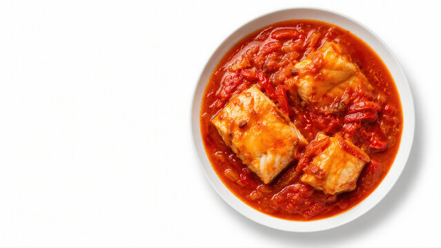 Baccal&agrave; spagnolo in salsa rossa su sfondo bianco. Generative AI 