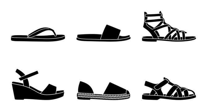 Six Black Sandals Collection, Summer Footwear Icons, Fashion Shoes Vector Set