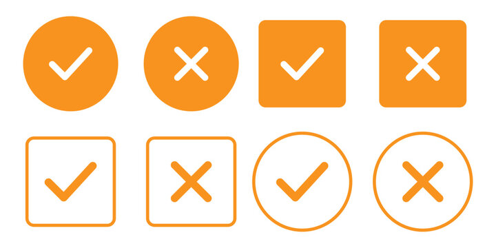 Sharp green checkmark and red cross on isolated white background vector symbol for right and wrong choices. Modern flat design, Checkmark icon set. Checkmark right symbol tick sign