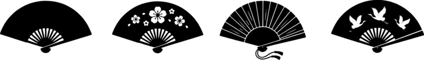 Four black handheld fans with various white designs on a plain background, including floral patterns and birds. © Sarfaraz