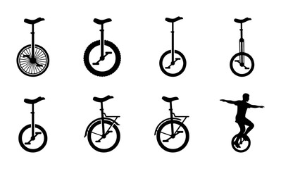 Unicycle Icons Set, Single Wheel Bicycle Silhouettes, Circus and Sport Equipment Vector Graphics © Shuvo