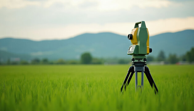 Surveying instrument on tripod in green grassy field. Geodetic tool measures land distance and elevation with precision. Engineering and construction work on site.