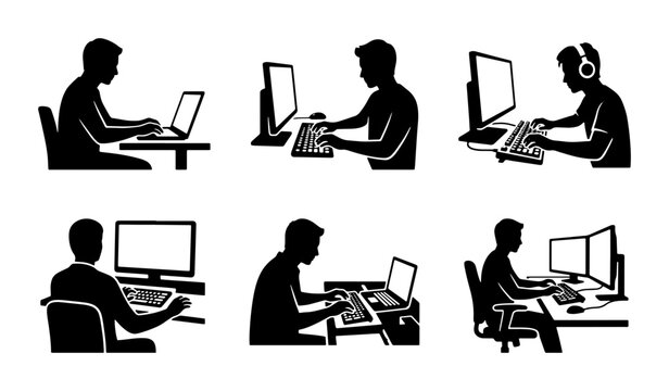Programmer Icons, Coder Silhouettes, Developer Workstations, Computer User Set