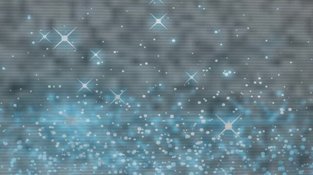 Bluish sparkles with star flares pulsing and drifting upward-left after soft pan, adding depth