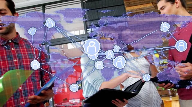 Team reading file woman pointing men joining with docs overlay map linking team planning business