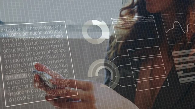 Businesswoman bringing phone into frame, tapping and swiping while HUD aligning and updating charts