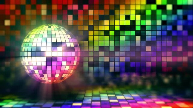 High quality 3D render of a rotating disco ball seamless loop. Glowing mirror sphere with colorful light rays and bokeh background, perfect for dance parties, nightclubs, and music videos.