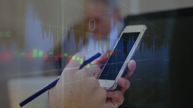 Chart overlay appearing, hand holding phone tapping, tracing and rotating for market data