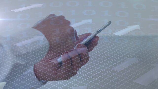Senior exec left thumb hovering then tapping phone, rotating grip accessing data grid bits overlay