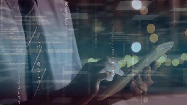 Executive tapping tablet, swiping as camera pulling back, binary overlay intensifying to show data