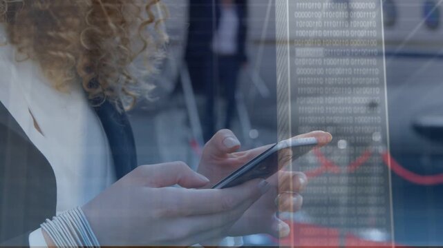 Woman tapping smartphone in business lobby, initiating floating UI panels and syncing data to cloud
